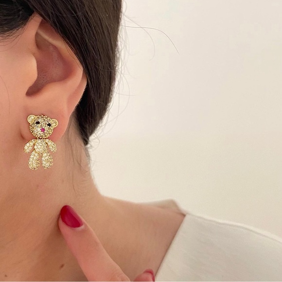 Teddy Bear Earrings 14k Gold Plated Sterling Silver Luxury Earrings - Picture 7 of 11